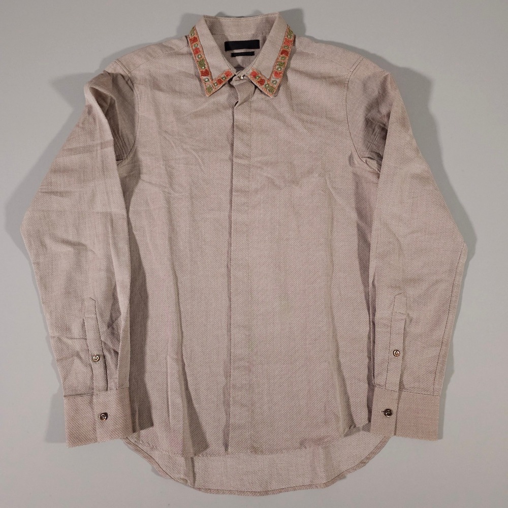 Alexander McQueen Shirt Men 48 Tan Embroidered Floral Collar Button Down Italy